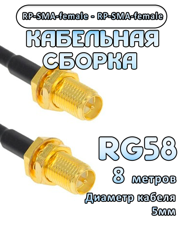 Кабельная сборка 50 Ом на RG-58 с разъемами RP-SMA-female - RP-SMA-female, 8 метров