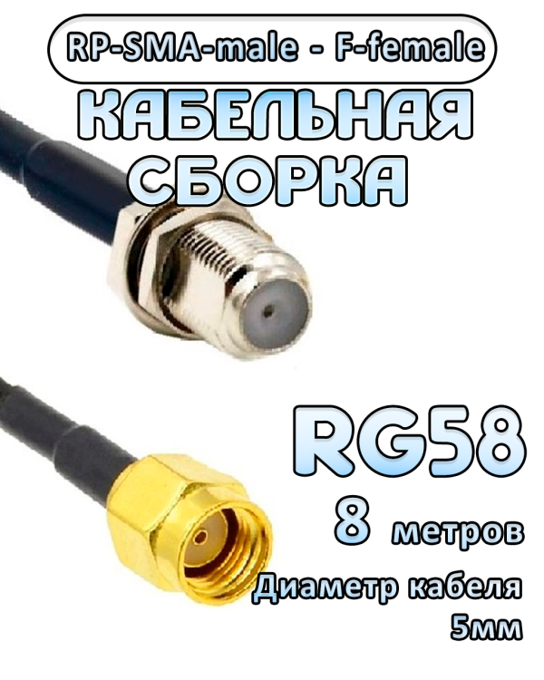 Кабельная сборка 50 Ом на RG-58 с разъемами RP-SMA-male - F-female, 8 метров