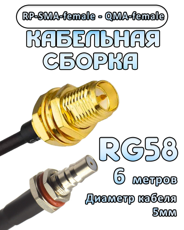 Кабельная сборка 50 Ом на RG-58 с разъемами RP-SMA-female - QMA-female, 6 метров