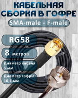 Кабельная сборка на RG-58 в гофре с разъемами SMA-male - F-male, 8 метров