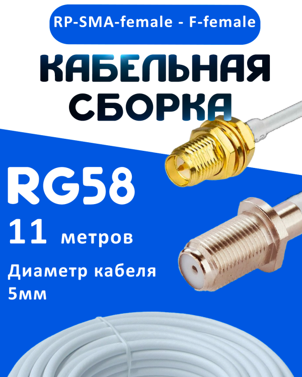 Кабельная сборка 50 Ом на RG-58 белого цвета с разъемами RP-SMA-female - F-female, 11 метров