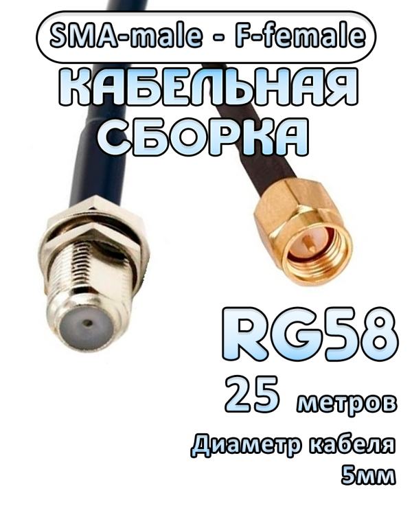 Кабельная сборка 50 Ом на RG-58 с разъемами SMA-male - F-female, 25 метров