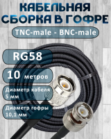Кабельная сборка на RG-58 в гофре с разъемами TNC-male - BNC-male, 10 метров