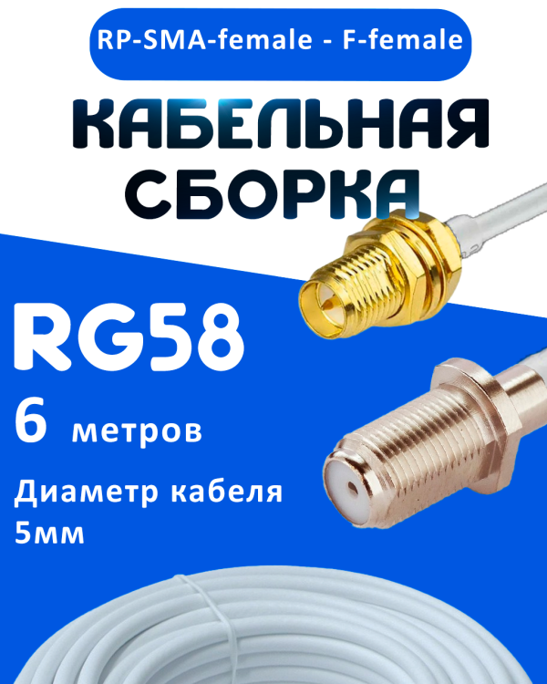 Кабельная сборка 50 Ом на RG-58 белого цвета с разъемами RP-SMA-female - F-female, 6 метров