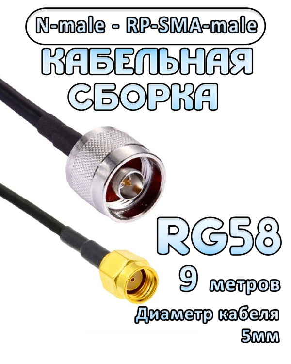 Кабельная сборка 50 Ом на RG-58 с разъемами RP-SMA-male - N-male, 9 метров