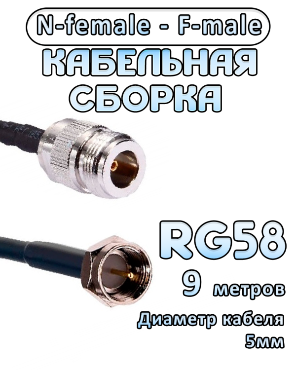 Кабельная сборка 50 Ом на RG-58 с разъемами N-female - F-male, 9 метров