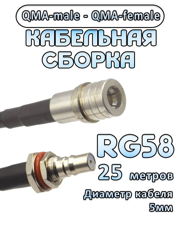 Кабельная сборка 50 Ом на RG-58 с разъемами QMA-male - QMA-female, 25 метров