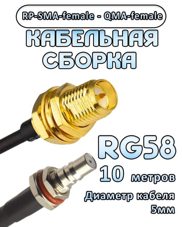 Кабельная сборка 50 Ом на RG-58 с разъемами RP-SMA-female - QMA-female, 10 метров