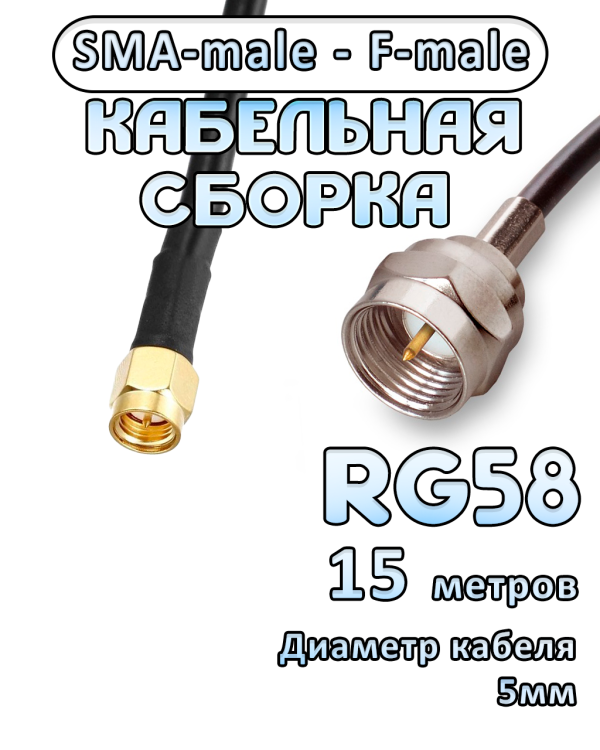 Кабельная сборка 50 Ом на RG-58 с разъемами SMA-male - F-male, 15 метров
