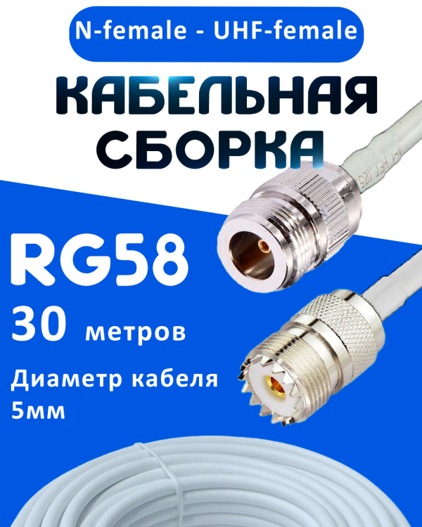 Кабельная сборка 50 Ом на RG-58 белого цвета с разъемами N-female - UHF-female, 30 метров