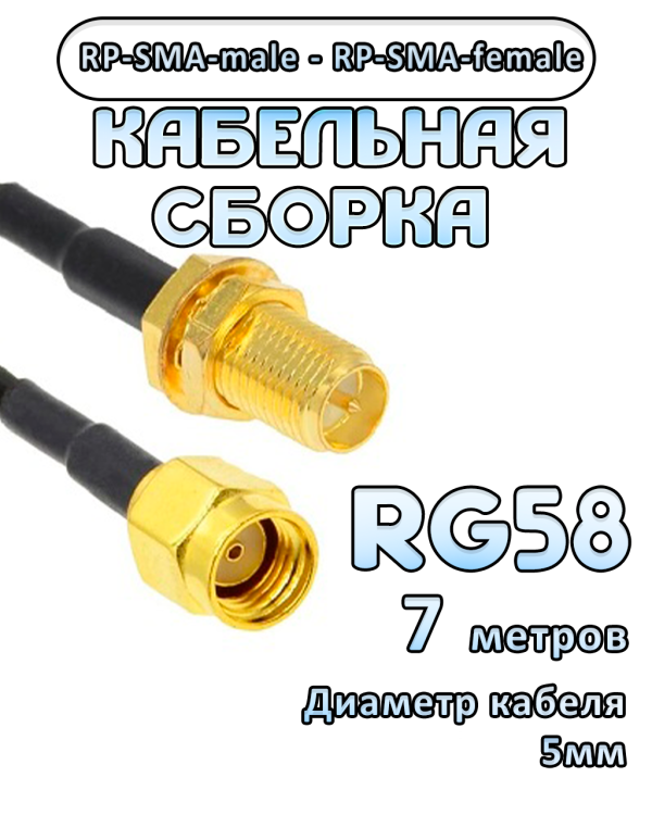 Кабельная сборка 50 Ом на RG-58 с разъемами RP-SMA-male - RP-SMA-female, 7 метров
