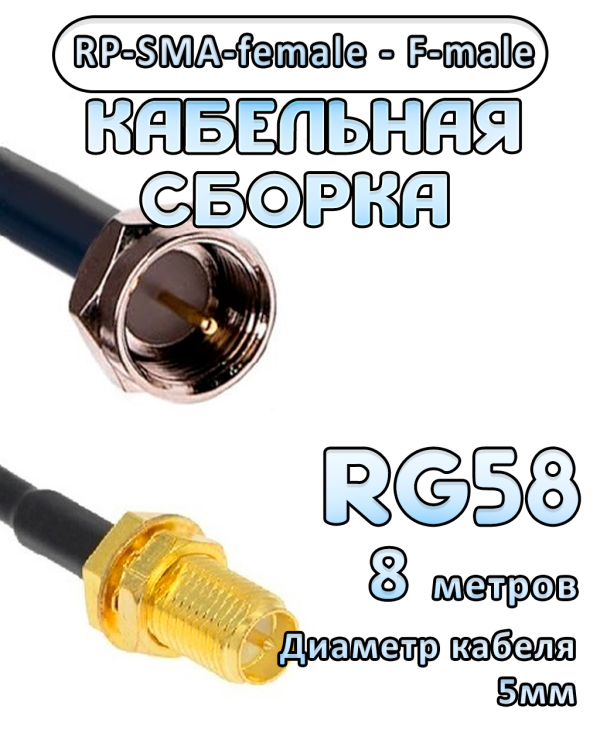 Кабельная сборка 50 Ом на RG-58 с разъемами RP-SMA-female - F-male, 8 метров