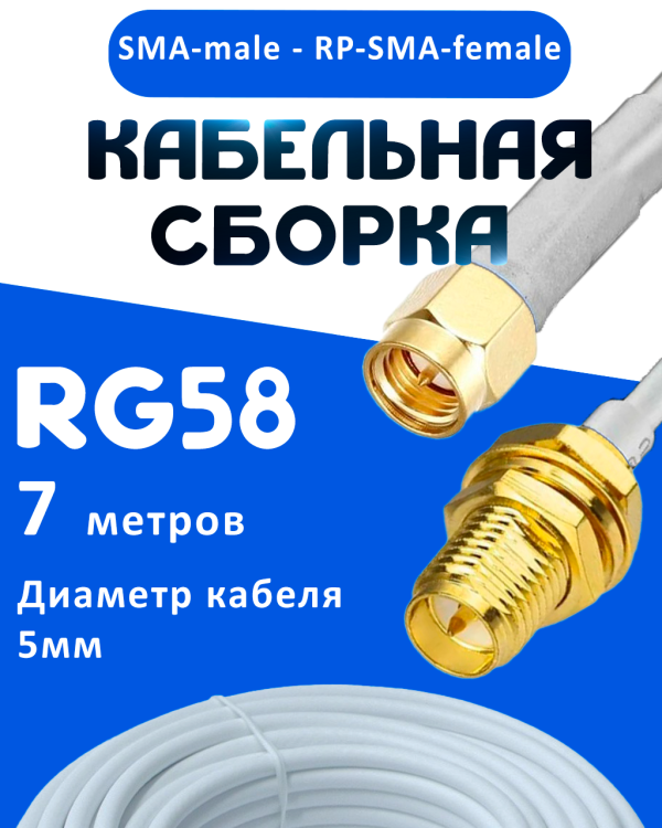 Кабельная сборка 50 Ом на RG-58 белого цвета с разъемами SMA-male - RP-SMA-female, 7 метров