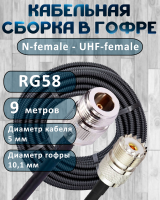 Кабельная сборка на RG-58 в гофре с разъемами N-female - UHF-female, 9 метров