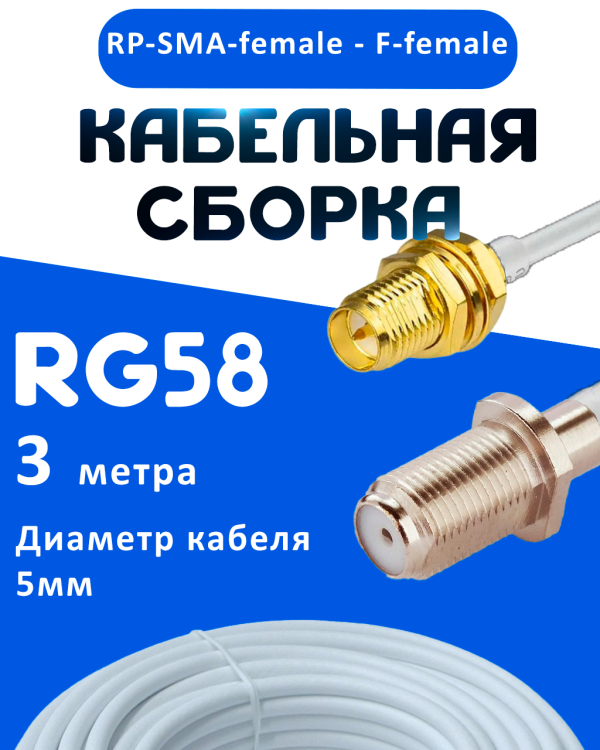 Кабельная сборка 50 Ом на RG-58 белого цвета с разъемами RP-SMA-female - F-female, 3 метра