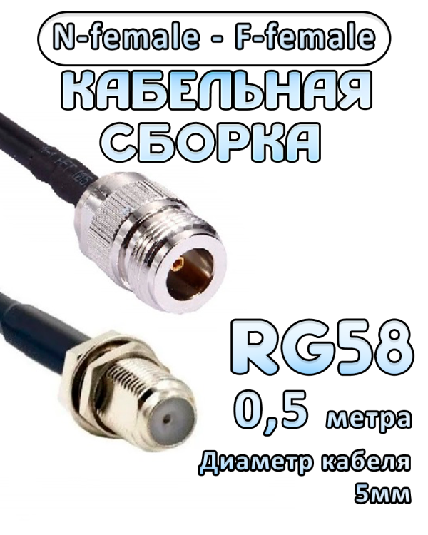 Кабельная сборка 50 Ом на RG-58 с разъемами N-female - F-female, 0,5 метра