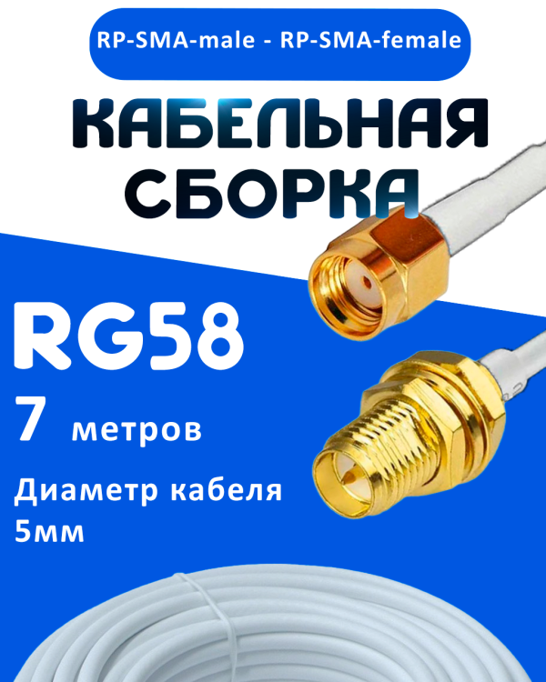 Кабельная сборка 50 Ом на RG-58 белого цвета с разъемами RP-SMA-male - RP-SMA-female, 7 метров