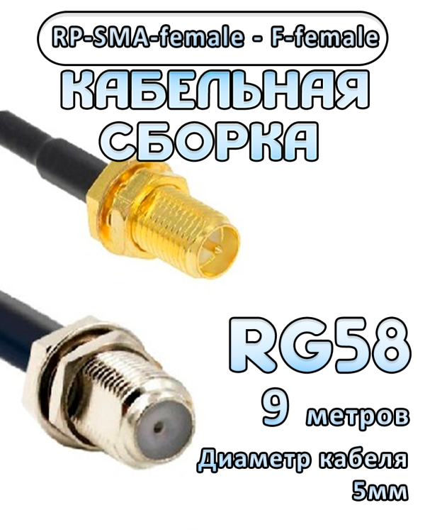 Кабельная сборка 50 Ом на RG-58 с разъемами RP-SMA-female - F-female, 9 метров