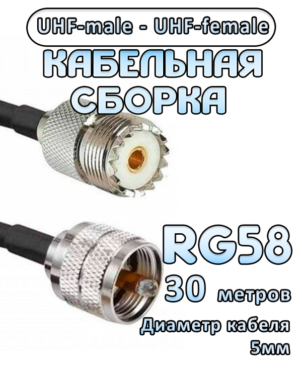 Кабельная сборка 50 Ом на RG-58 с разъемами UHF-male - UHF-female, 30 метров