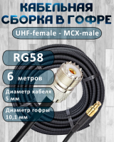 Кабельная сборка на RG-58 в гофре с разъемами UHF-female - MCX-male, 6 метров