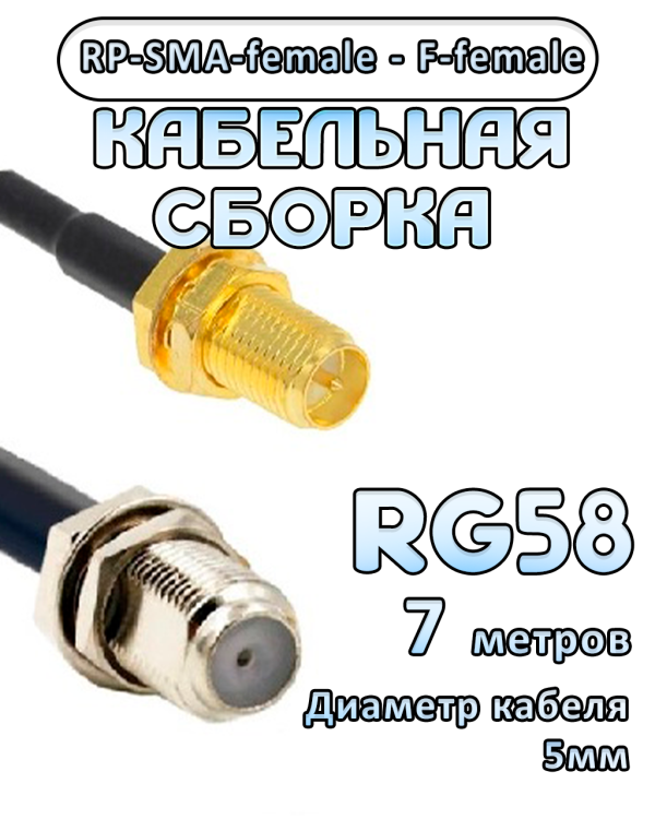 Кабельная сборка 50 Ом на RG-58 с разъемами RP-SMA-female - F-female, 7 метров
