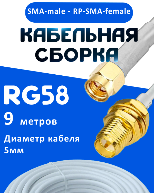 Кабельная сборка 50 Ом на RG-58 белого цвета с разъемами SMA-male - RP-SMA-female, 9 метров