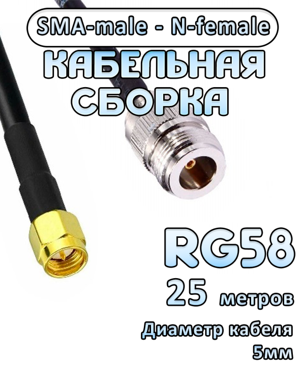 Кабельная сборка RG-58 с разъемами SMA-male - N-female, 25 метров