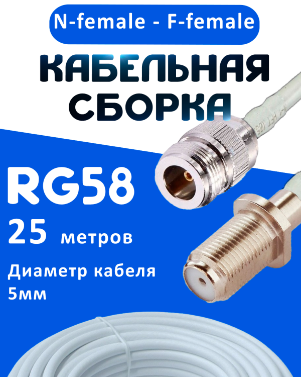 Кабельная сборка 50 Ом на RG-58 белого цвета с разъемами N-female - F-female, 25 метров