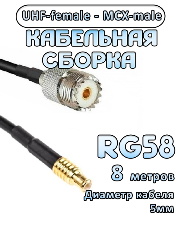Кабельная сборка 50 Ом на RG-58 с разъемами UHF-female - MCX-male, 8 метров