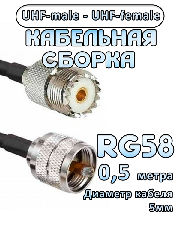 Кабельная сборка 50 Ом на RG-58 с разъемами UHF-male - UHF-female, 0,5 метра