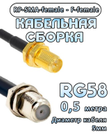 Кабельная сборка 50 Ом на RG-58 с разъемами RP-SMA-female - F-female, 0,5 метра