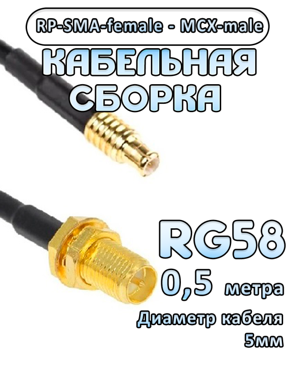 Кабельная сборка 50 Ом на RG-58 с разъемами RP-SMA-female - MCX-male, 0,5 метра
