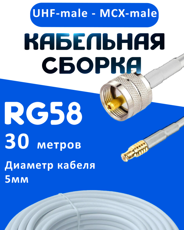 Кабельная сборка 50 Ом на RG-58 белого цвета с разъемами UHF-male - MCX-male, 30 метров