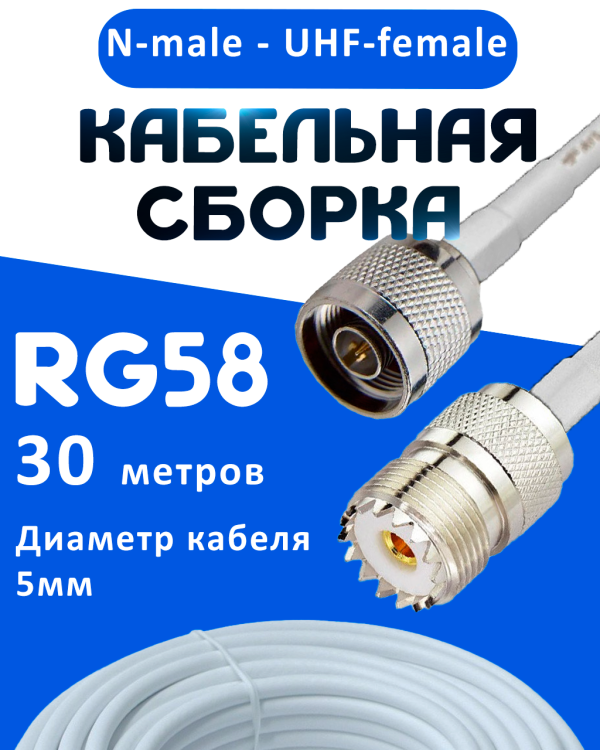 Кабельная сборка 50 Ом на RG-58 белого цвета с разъемами N-male - UHF-female, 30 метров