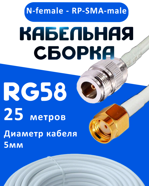 Кабельная сборка 50 Ом на RG-58 белого цвета с разъемами N-female - RP-SMA-male, 25 метров