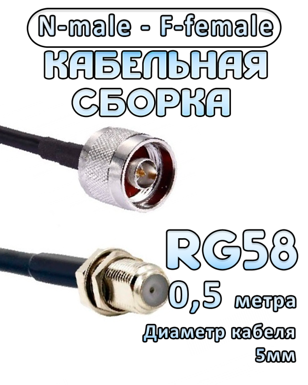 Кабельная сборка 50 Ом на RG-58 с разъемами N-male - F-female, 0,5 метра