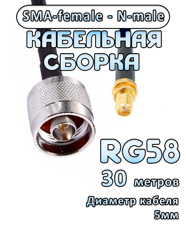 Кабельная сборка RG-58 с разъемами SMA-female - N-male, 30 метров