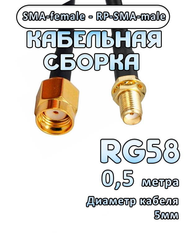 Кабельная сборка 50 Ом на RG-58 с разъемами SMA-female - RP-SMA-male, 0,5 метра