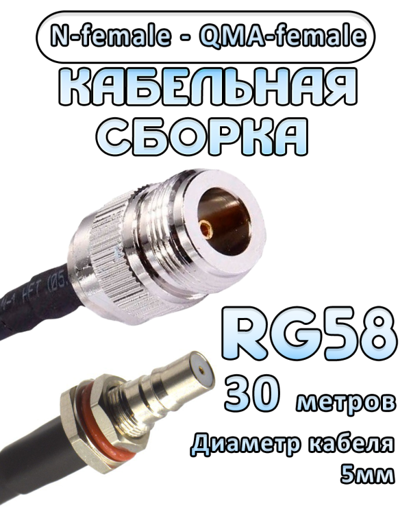 Кабельная сборка 50 Ом на RG-58 с разъемами N-female - QMA-female, 30 метров