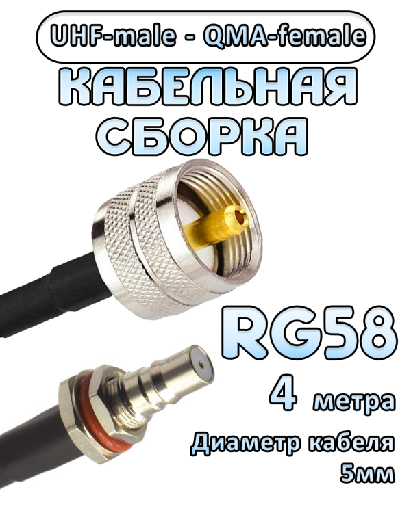 Кабельная сборка 50 Ом на RG-58 с разъемами UHF-male - QMA-female, 4 метра