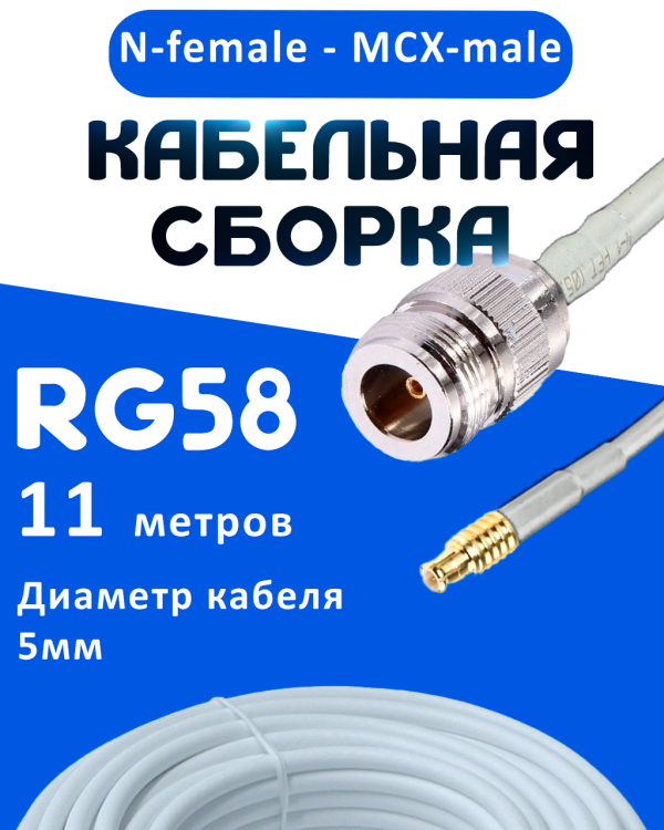 Кабельная сборка 50 Ом на RG-58 белого цвета с разъемами N-female - MCX-male, 11 метров