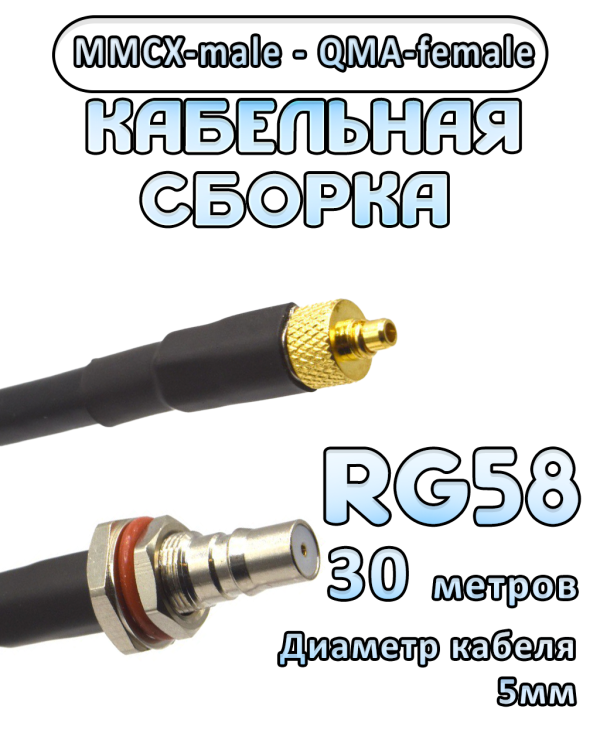 Кабельная сборка 50 Ом на RG-58 с разъемами MMCX-male - QMA-female, 30 метров
