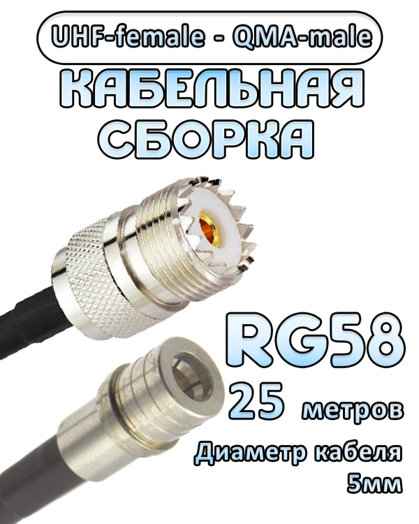 Кабельная сборка 50 Ом на RG-58 с разъемами UHF-female - QMA-male, 25 метров