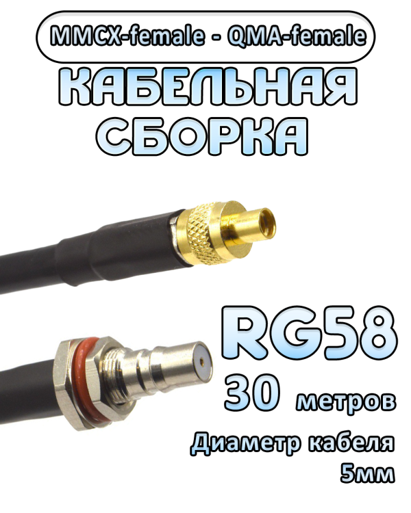 Кабельная сборка 50 Ом на RG-58 с разъемами MMCX-female - QMA-female, 30 метров