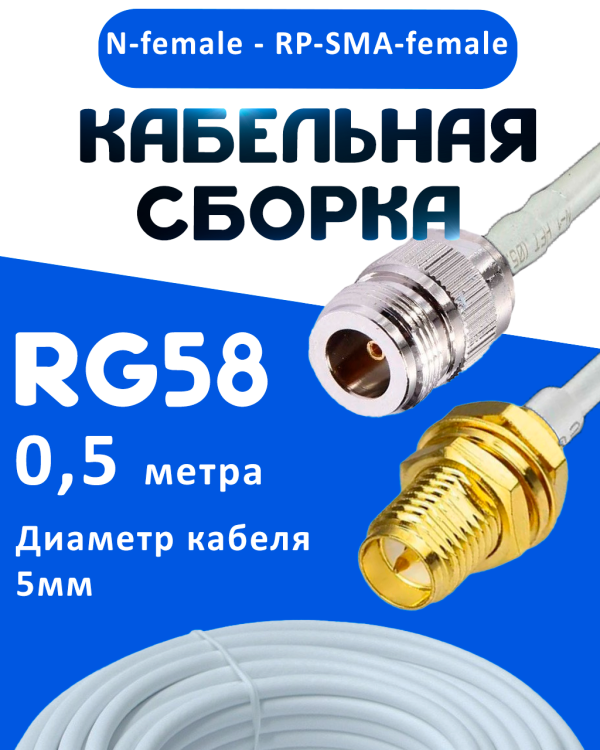 Кабельная сборка 50 Ом на RG-58 белого цвета с разъемами N-female - RP-SMA-female, 0,5 метра