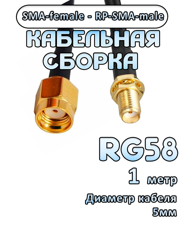 Кабельная сборка 50 Ом на RG-58 с разъемами SMA-female - RP-SMA-male, 1 метр