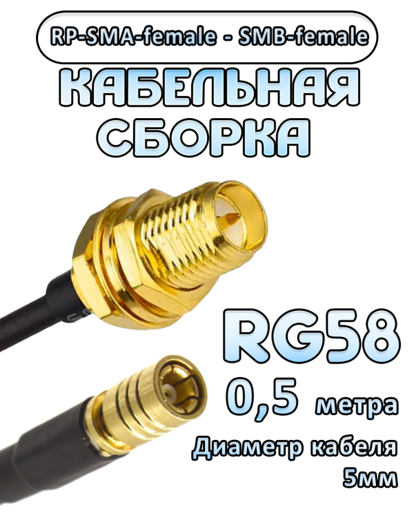 Кабельная сборка 50 Ом на RG-58 с разъемами RP-SMA-female - SMB-female, 0,5 метра