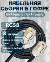 Кабельная сборка на RG-58 в гофре с разъемами UHF-female - UHF-female, 8 метров