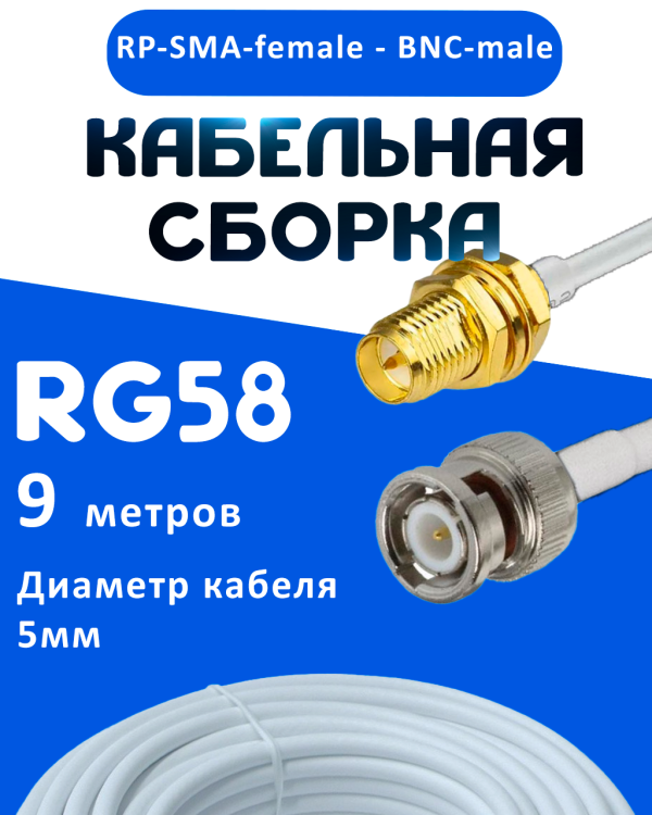 Кабельная сборка 50 Ом на RG-58 белого цвета с разъемами RP-SMA-female - BNC-male, 9 метров