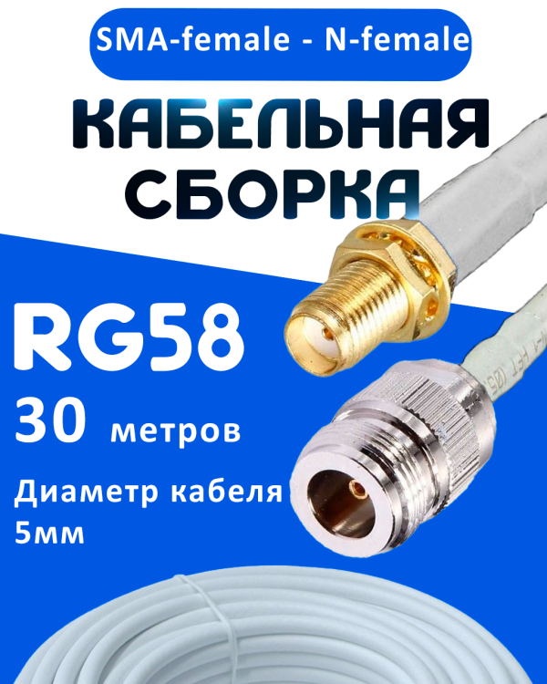 Кабельная сборка 50 Ом на RG-58 белого цвета с разъемами SMA-female - N-female, 30 метров